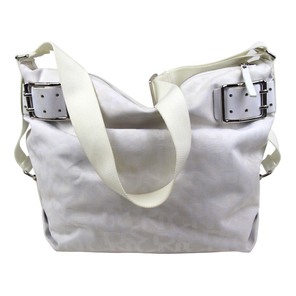 LARGE DKNY SIGNATURE WHITE JACQUARD LEATHER SHOULDER BAG CROSSBODY HOBO PURSE